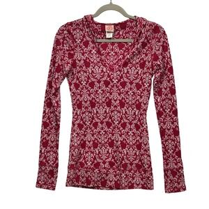 Curious Gypsy Red White  Print V Neck Hooded Long Sleeve Thermal Top M Waffle